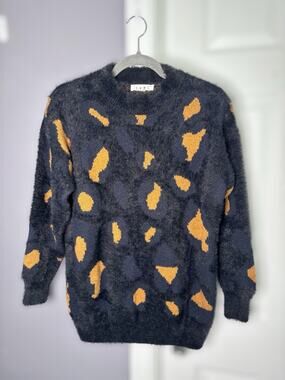THML Navy Blue Heavy Sweater Gold Black Print Small